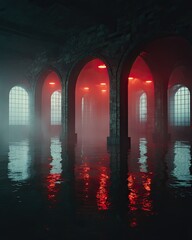 Arches reflected in flooded room, lit with red glow.