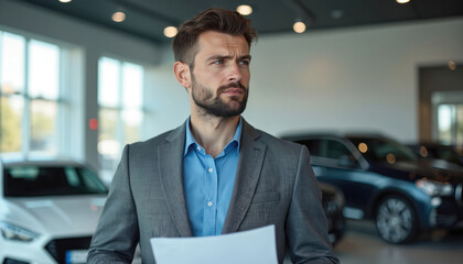 Man in suit ponders car purchase in showroom. He holds papers, thinking about finance and choosing a new vehicle from modern luxury options.