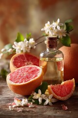 Still life with fresh grapefruit and essential oil on a wooden table