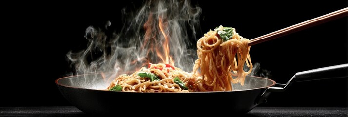 Steaming noodles in pan, picked with chopsticks