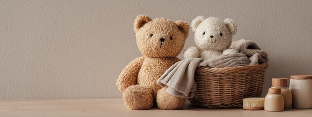 Two teddy bears and a basket of towels in a minimalist nursery or bathroom setting