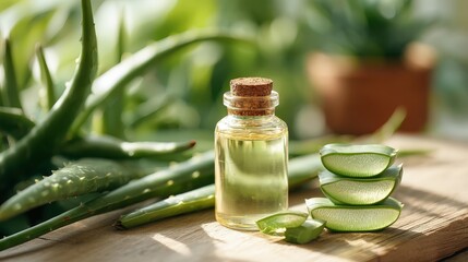 Still life with a bottle of aloe vera oil or gel and fresh leaves on a wooden surface