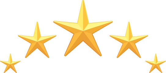 Five gold star rating icon. 3D of quality review symbol isolated on white background.