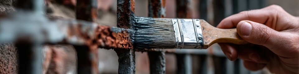 Fototapeta premium Close-up of a hand painting over rust on a metal railing with gray paint using a brush