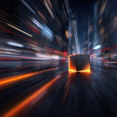 Glowing cube amidst blurred city lights, fast motion