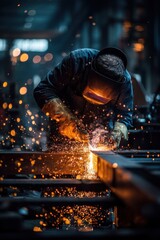 Welder at work: intense dramatic shot with sparks in a dark factory workshop