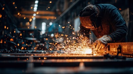 Welder at work: intense dramatic shot with sparks in a dark factory workshop