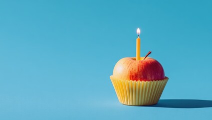 Apple "cupcake" with lit candle, vibrant blue background