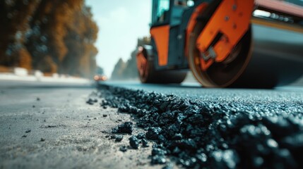 Road repair: close-up of fresh asphalt and road roller at a dynamic low angle