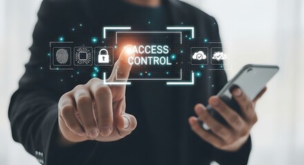 Businessman touching access control system on virtual screen with smartphone