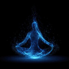 Glowing blue figure in lotus position, particles swirling