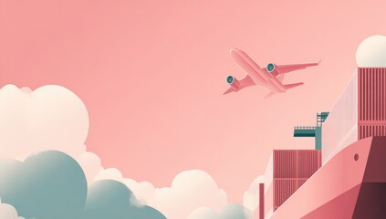 Plane flies over cargo ship under pink sky