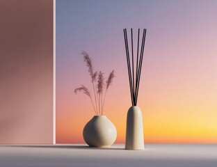 Serene still life Vases with dried plant & reed diffusers