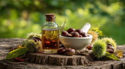 Natural Remedy: Horse chestnut extract oil, nuts, and mortar on a rustic log