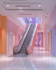 Pastel escalator in brightly colored modern shopping mall hall