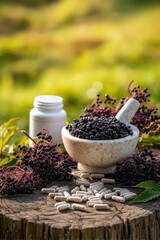 Elderberry Immunity: Berries, capsules, and mortar for natural health remedies