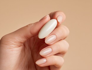 Hand holding long almond-shaped off-white pill