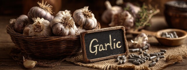 Garlic as a Natural Supplement: Still life with basket, capsules, and a chalkboard
