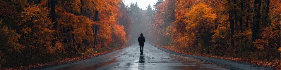 Solitary Figure on Autumn Road: Person walking on wet highway with vivid orange trees