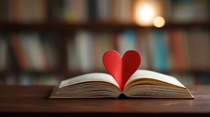 Love of Reading: Open book with a red paper heart bookmark in a cozy library