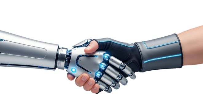 A symbolic handshake between a human and a robotic arm, depicting the future of collaboration, artificial intelligence integration, and innovative technological partnership
