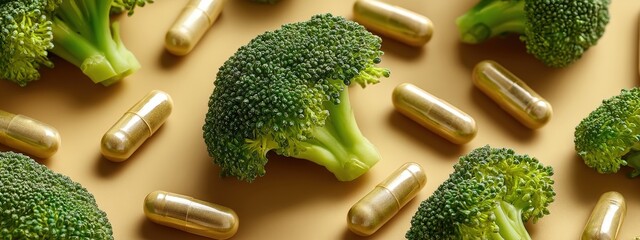 Close-up of Broccoli and Green Nutritional Capsules on a Blue Background