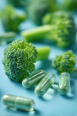 Close-up of Broccoli and Green Nutritional Capsules on a Blue Background