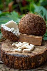 Capsules and Coconut with Oil or Extract on a Rustic Wooden Background