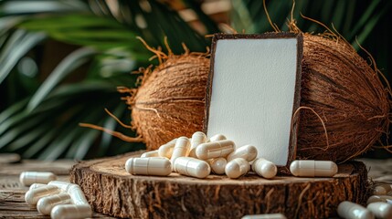Capsules and Coconut with Oil or Extract on a Rustic Wooden Background