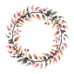 Watercolor autumn wreath with colorful leaves and berries © MdRiyad
