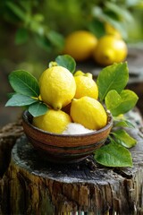 Fresh Lemons in a Wooden Bowl and Citric Acid Crystals on a Stump in an Orchard