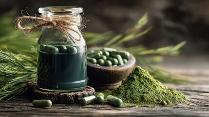 Chlorella or Spirulina: Tablets and Powder in a Still Life Composition on a Wooden Background