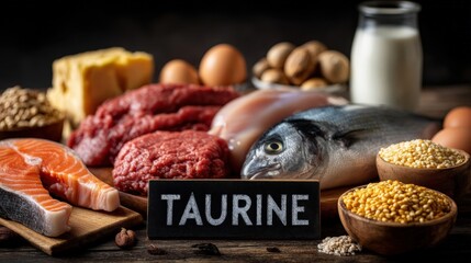 Taurine-rich foods: salmon, meat, eggs, seafood, and legumes, with a "Taurine" chalkboard on a dark wooden background.