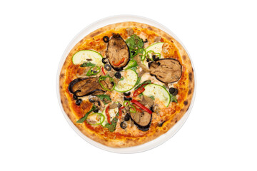 Top-down transparent PNG of vegetarian pizza with eggplant, zucchini, paprika, and mozzarella on a white plate — ideal for menus and culinary design projects.