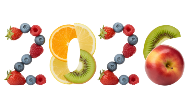Fresh fruit forming the year 2026 healthy start vibrant colors celebration