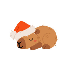 Collection of winter cute capybaras with New Years wreath, gift, bathing in hot water and in Christmas bow and hat. Vector illustration. Isolated kawaii animal character