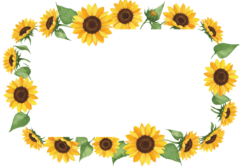 Bright yellow watercolor sunflowers with intricate brown centers and vibrant green leaves, elegantly forming a border on a transparent background with copy space, serene summer floral frame for design