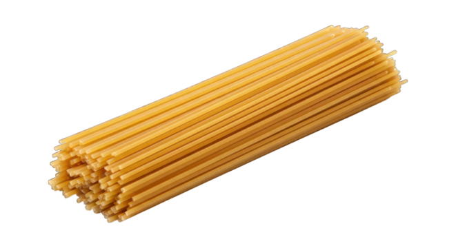 Bundle of raw spaghetti, tightly bound, against a stark black background