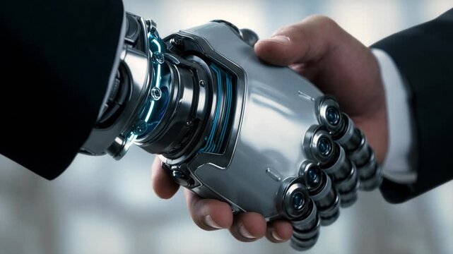 Close up handshake between a businessman and a detailed modern robot or cyborg hand