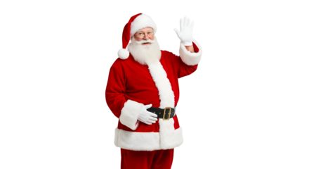 Jolly senior man in traditional red and white costume with a long white beard, smiling and waving a friendly greeting, embodying the spirit of winter holidays and festive celebrations