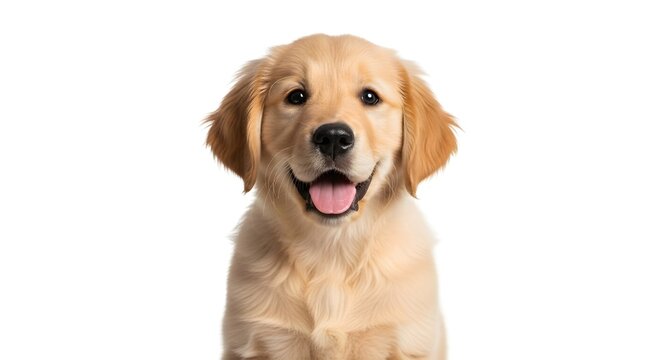 Realistic portrait of a happy golden retriever puppy sitting and smiling, isolated on white background.