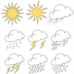 Minimal Weather Icons Set,Sun, Rain, Cloud, Thunderstorm Vector Illustration,