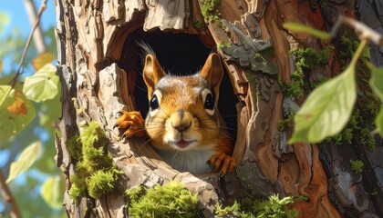Cute wild squirrel hiding inside tree hollow background
