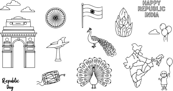 Republic Day India Outline Icons: National Symbols, Monuments, Map  Celebration Elements