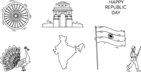 Happy Republic Day India doodle drawing featuring national symbols: Ashoka Chakra, India Gate, map of India, national flag, peacock, and a marching soldier in line art style.