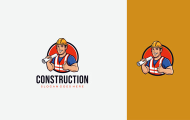 Construction Builder Cartoon Mascot Logo Design for  Company. Vector illustration, isolated design template