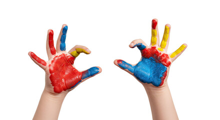 Colorful painted children's hands with fingers spread isolated on transparent background, perfect for creative art projects and educational content
