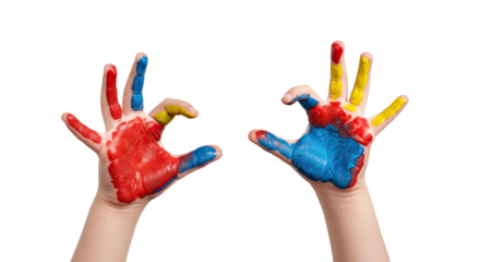 Colorful painted children's hands with fingers spread isolated on transparent background, perfect for creative art projects and educational content