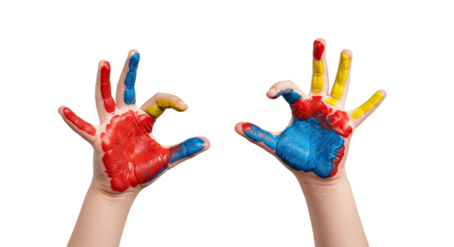 Colorful painted children's hands with fingers spread isolated on transparent background, perfect for creative art projects and educational content