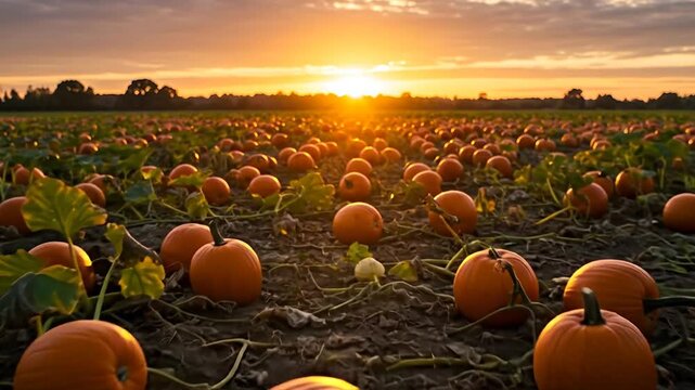 Pumpkin field at sunset with an orange sky and golden hour sunlight